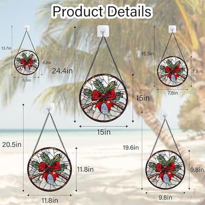 DASTOLL Stained Glass Window Hanging - Pine Branches Red Bow Suncatcher for Doors Home Christmas Decoration Silver Sun Catcher Thanksgiving New Year Birthday Gifts for Women Men Mom Nana 7.8 in