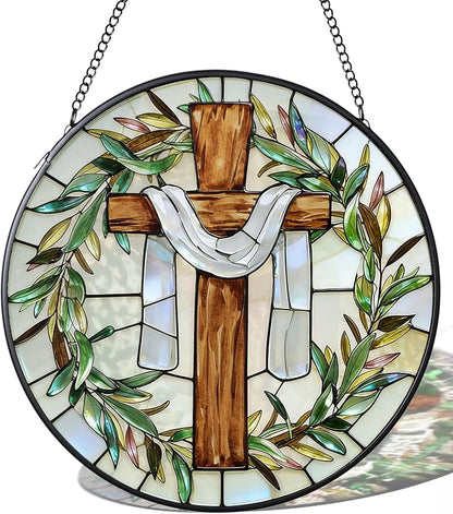 7.9 Inch Cross and Olive Leaves Stained Glass Suncatcher, Cross Sunset Suncatchers for Windows Hanging Indoor Decor, Stained Glass Gift, Christian Gifts, Religious Gifts, Window Decor