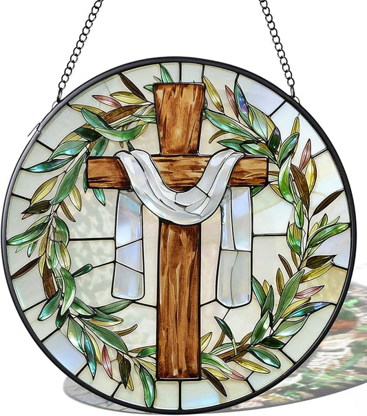 7.9 Inch Cross and Olive Leaves Stained Glass Suncatcher, Cross Sunset Suncatchers for Windows Hanging Indoor Decor, Stained Glass Gift, Christian Gifts, Religious Gifts, Window Decor