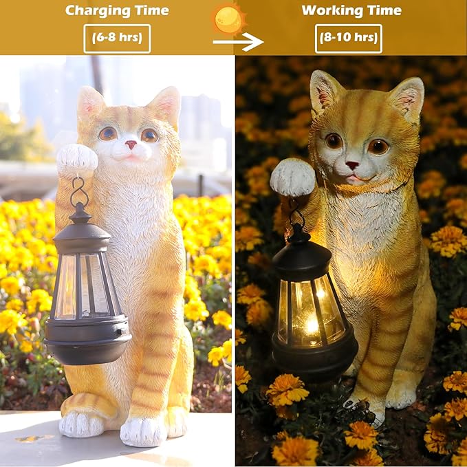 WONDER GARDEN Solar Cat Garden Statue - Outdoor Cat Statues, Cat Figurines with Solar Lantern Light for Patio, Yard, Lawn, Gardening Gifts for Women and Mom(11" Orange Cat)