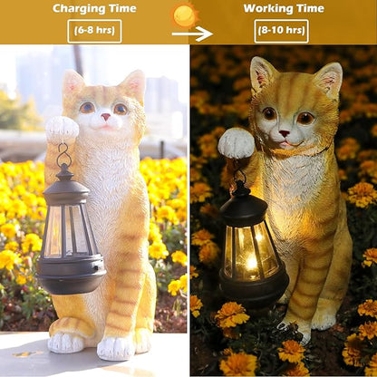 WONDER GARDEN Solar Cat Garden Statue - Outdoor Cat Statues, Cat Figurines with Solar Lantern Light for Patio, Yard, Lawn, Gardening Gifts for Women and Mom(11" Orange Cat)
