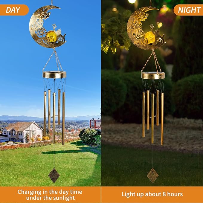 Cat Moon-Wind Chime, Cat Lover Gift Solar-Lantern Windchime, Wind Chimes Outdoor, Garden-Gifts, Garden Moon Decor, SolarWind Chimes, Solar-Light, Patio Hanging Light, Gifts for Mom, Grandma,Sister