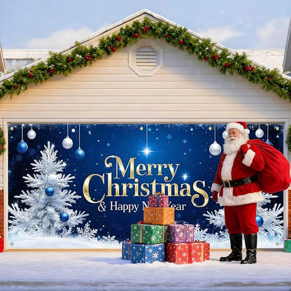 IVN Christmas Garage Door Cover Decoration 13x6ft Blue Night Sky White Trees Gold Lettering Ornaments Merry Christmas Winter Garage Door Banner Home Door Front Yard Decor for Xmas Eve Holiday Outdoor
