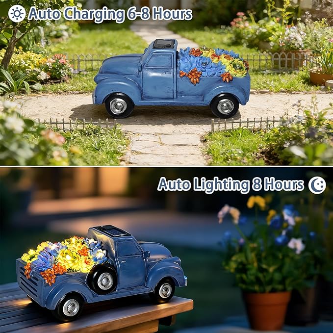 Solar Garden Decor Outdoor Statues Truck with Succulent and 7 LED Lights, Yard Decor for Outside, Yard Art Gardening Gifts for Women Mom Grandma (Blue Truck)