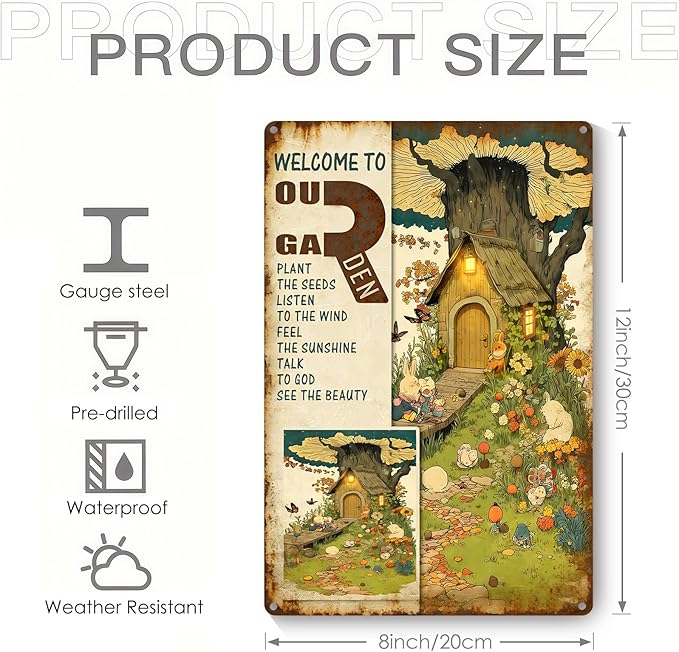 Garden Signs for Outside, Funny Metal Signs for Home Garden Patio Yard - Welcome To Our Garden, Vintage Gardening Gifts for Women, Wall Decor 12" x 8"
