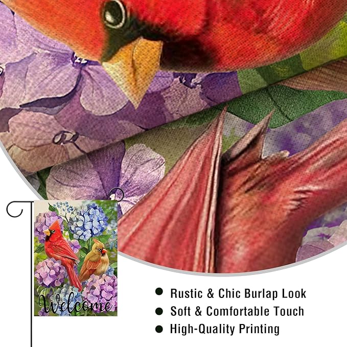 Artofy Welcome Summer Cardinal Red Birds Home Decorative Garden Flag, Yard Hydrangea Flowers Outside Decor, Spring Floral Outdoor Small Burlap Decoration Double Sided 12 x 18