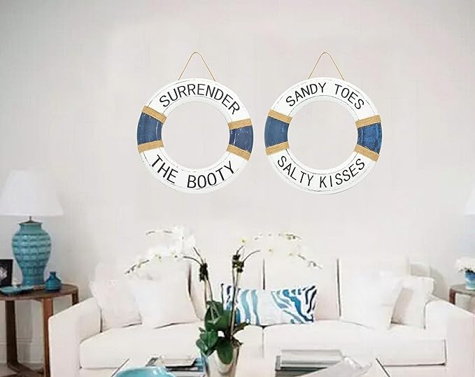 Hand Carved Lifesaver Rings Decor - Surrender the Booty and Sandy Toes, Salty Kisses Design - Nautical Beach Décor - Pool Safety Equipment - Outdoor Sign, Pool and Boat Decoration
