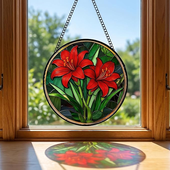 Stained Glass Window Hanging Red Lilies Suncatcher 8 Inch, Red Flower Glass Art Romantic Home Decor, Indoor Outdoor Wall Art, Birthday for Women Men
