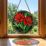 Stained Glass Window Hanging Red Lilies Suncatcher 8 Inch, Red Flower Glass Art Romantic Home Decor, Indoor Outdoor Wall Art, Birthday for Women Men