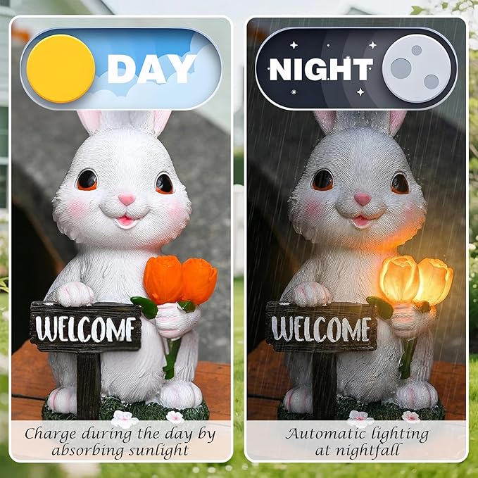 Solar Garden Outdoor Rabbit Statue Lights, Waterproof LED Bunny Sculptures for Patio Yard Lawn Backyard Decor (White)