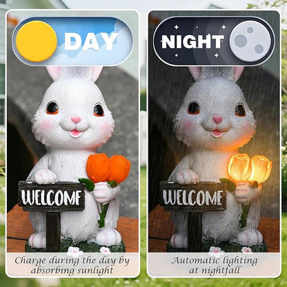 Solar Garden Outdoor Rabbit Statue Lights, Waterproof LED Bunny Sculptures for Patio Yard Lawn Backyard Decor (White)