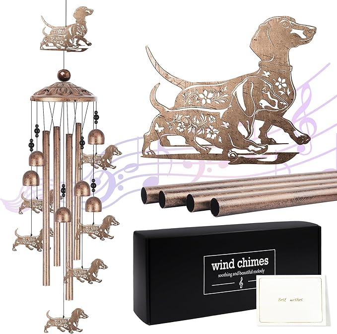 Dachshund Wind Chime for Outside, Dachshund Gifts for Women Men, Metal Dog Wind Chime Yard Art, Birthday Gift, Soothing Home Garden Patio Outdoor Indoor Decor for Dog Lover