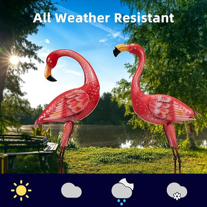 Metal Flamingo Garden Statue, 40" Tall Outdoor Decor Flamingos Yard Art Sculptures and Statues Reinforced Foot, Weatherproof Flamingo Ornaments for Lawn Pool Backyard Decor, Set of 2