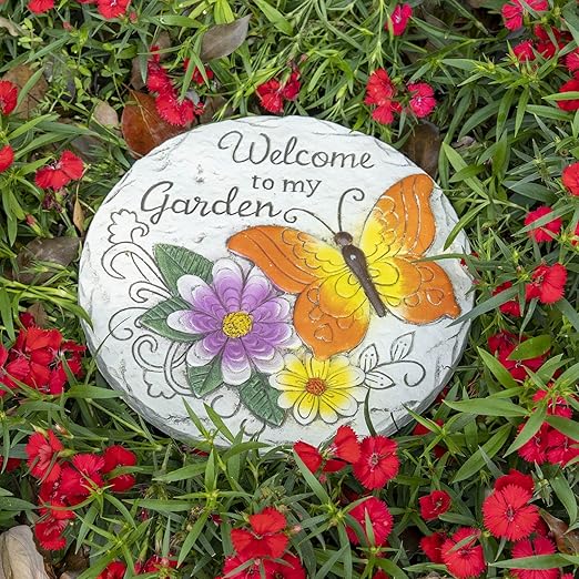 Garden Stepping Stones Outdoor Butterfly Step Stones for Walkway Gardening Gifts Welcome to My Garden Decorative Round Concrete Stones for Yard Outside Stone