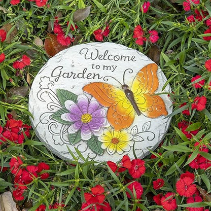 Garden Stepping Stones Outdoor Butterfly Step Stones for Walkway Gardening Gifts Welcome to My Garden Decorative Round Concrete Stones for Yard Outside Stone