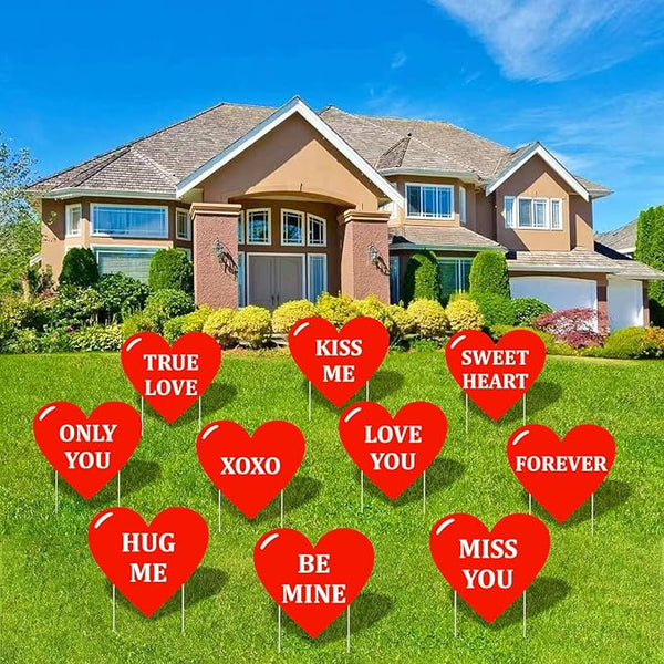 10-Piece Valentine Heart Yard Signs with Stakes Decorations – Assorted Red Heart Messages 12 Inches Large Outdoor Valentine Sweetheart Signs for Lawn, Garden, Driveway, and Romantic Party Décor