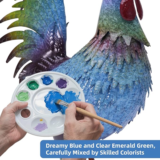 Metal Chicken Garden Sculptures & Statues,Vivid Lawn Ornaments for Garden Decorations Outdoor, Blue Rooster Gift for Housewarming,Home Decoration for Christmas Holiday