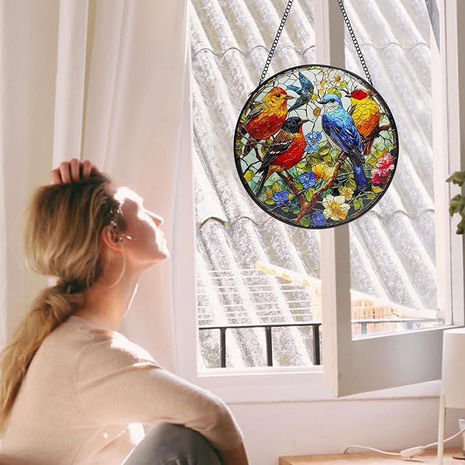 Birds on a Branch Stained Suncatcher for Windows Hanging, 7.8'' Animal Flower Scenery Stained Glass Window Hanging Home Garden Decor, Hand-Painted Glass Gifts for Birds Lovers, Mom