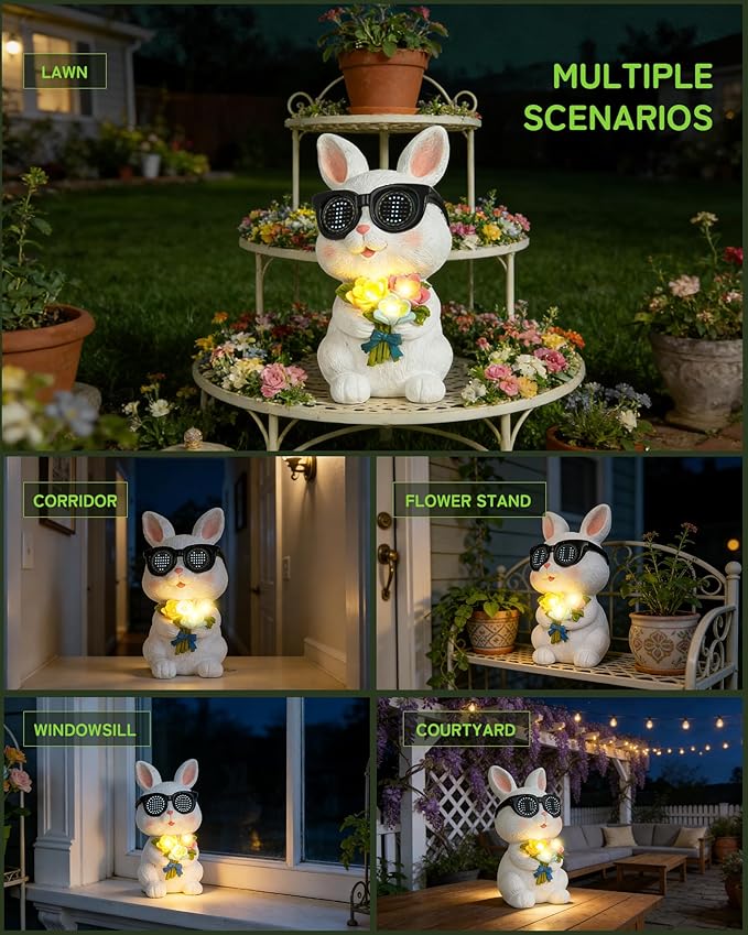 Solar Bunny Garden Outdoor Statues Decor, Rabbit with Flower and LED Lights Garden Decor for Home House, Yard Art Lawn, Ornaments, Porch Patio, Balcony - Birthday Gifts for Grandma Mom Women