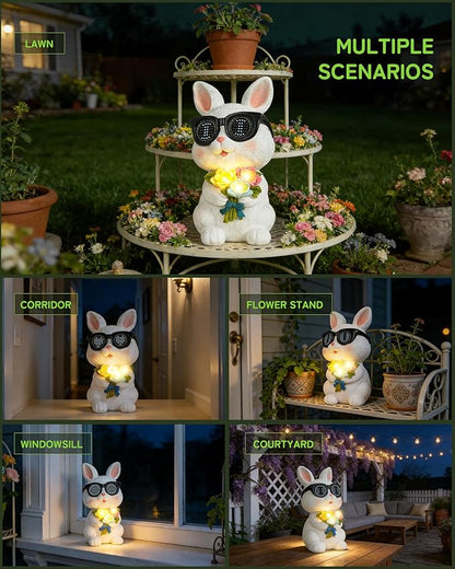 Solar Bunny Garden Outdoor Statues Decor, Rabbit with Flower and LED Lights Garden Decor for Home House, Yard Art Lawn, Ornaments, Porch Patio, Balcony - Birthday Gifts for Grandma Mom Women
