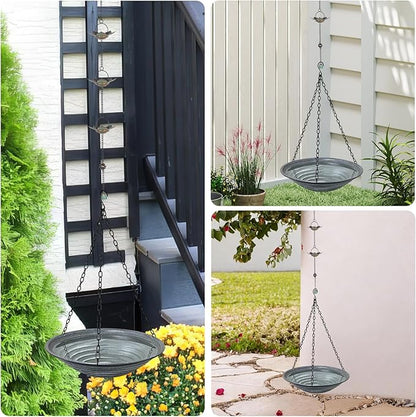 13 inch Rain Chain Basin, Metal Rain Chains Anchoring Bowl Dish, DIY Rain Chain Basin for Gutter Downspout, Hanging Birdbath for Outdoor Garden Patio Decor, Grey
