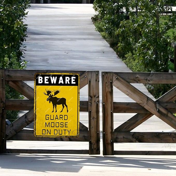 snowsun Beware Guard Moose on Duty Funny Metal Signs Vintage Tin Sign for Home Yard Farm Street Fence Wall Decoration 8×12 Inches