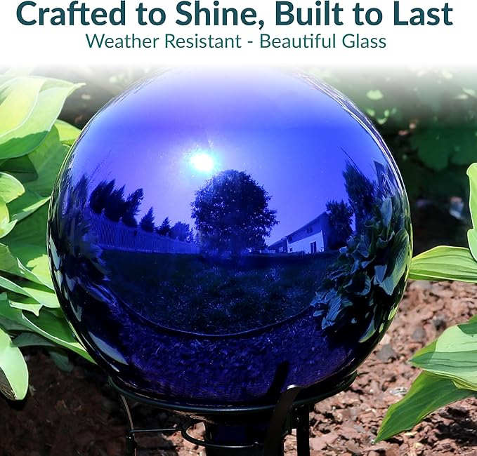 Sunnydaze 10-Inch Gazing Ball for Garden - Glass Gazing Globe with Mirrored Stainless Steel Finish - Blue