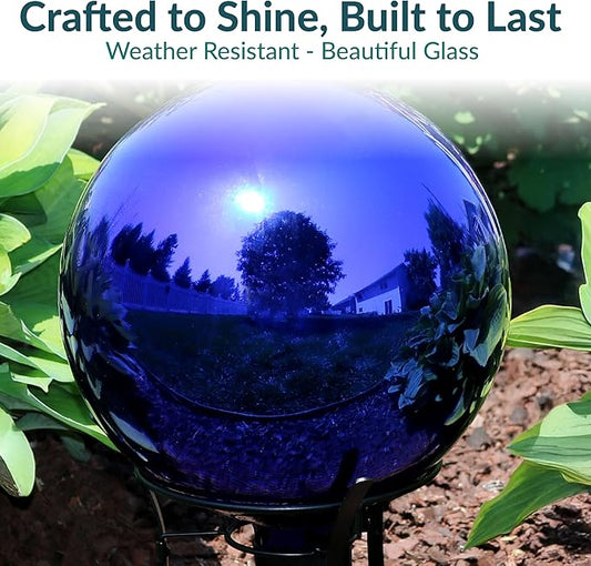 Sunnydaze 10-Inch Gazing Ball for Garden - Glass Gazing Globe with Mirrored Stainless Steel Finish - Blue