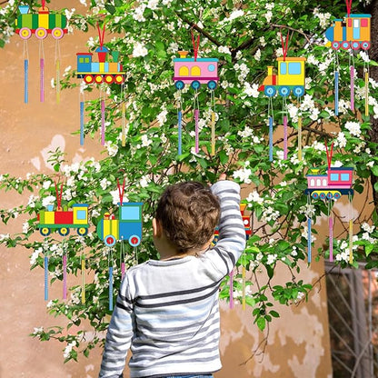 9Pack DIY Wind Chime Kit for Kids, Train Theme Wooden Arts and Painting Crafts Hanging Ornaments for Indoor Outdoor Activity Home Garden Patio School Classroom Christmas Xmas Birthday Gift