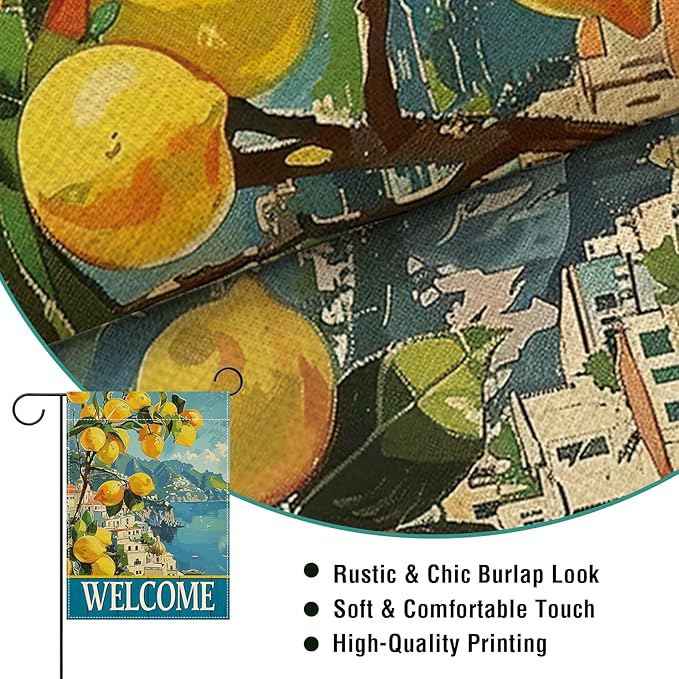 Artofy Welcome Italy Lemon Tree Beach Small Decorative Garden Flag, Amalfi Coast Coastal Town Citrus Yard Lawn Outside Decor, Summer Mediterranean Burlap Outdoor Home Decoration Double Sided 12 x 18