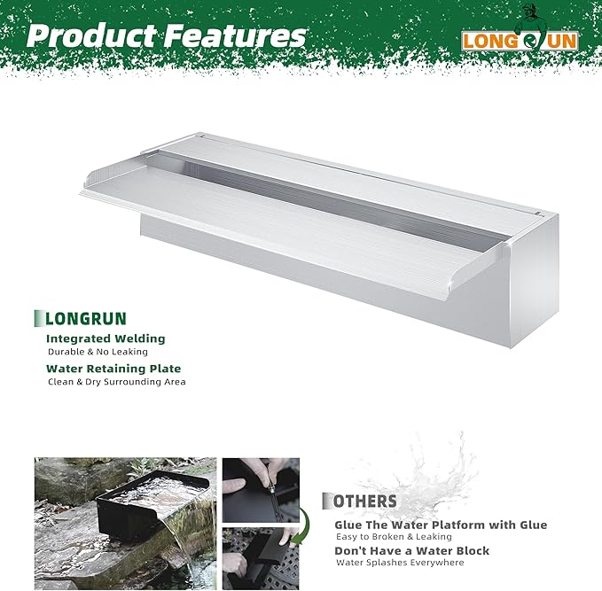 LONGRUN Stainless Steel Waterfall Spillway, APP Control Multi-Color LED Light Outdoor Pool Fountain, Water Spillway Koi Pond Waterfalls Fountains Kit for Garden Patio Swimming Pool Decoration-23.6"