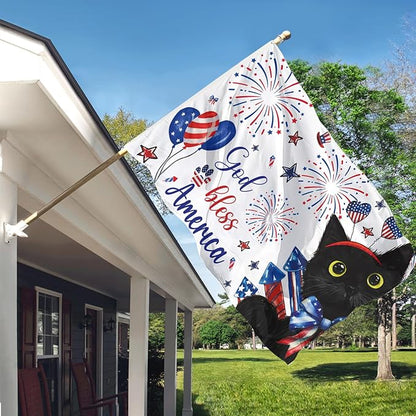 SENSEVEN Summer Black Cat 4th of July Flags for Outside 3x5 Ft,Memorial Day Holiday Flag,Cute Kitten Welcome Outdoor Banner for Porch Lawn Farmhouse Decor