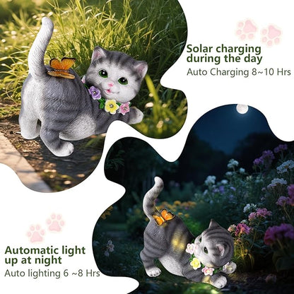 Solar Garden Statue Cat Figurine, Resin Solar Lights with Flower Decor for Outside, Yard Art Patio Balcony Lawn Decorations, Unique Gifts for Mom Grandma Women and Cat Lover (Black)