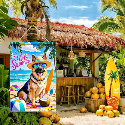 HOMETITUTE Hello Summer Beach Garden Flag German Shepherd Dog Tropical Beach Flag 12x18 Inch Double Sided Yard Small Summer Flag For Outside Holiday Seasonal Outdoor