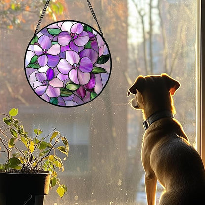 DASTOLL Stained Glass Window Hanging 4 Pcs Set Purple Flower Theme 7.8" - Tulip Suncatcher Door Garden Sun Catcher Decor Birthday Christmas for Plant Lovers Woman Nana Men