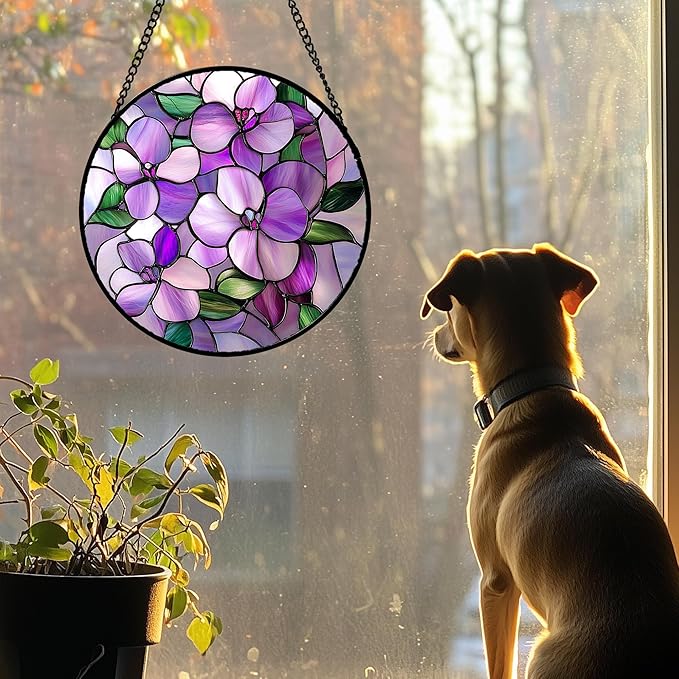DASTOLL Stained Glass Window Hanging 4 Pcs Set Purple Flower Theme Large 15" - Tulip Suncatcher Door Garden Sun Catcher Decor Birthday Christmas for Plant Lovers Woman Nana Men