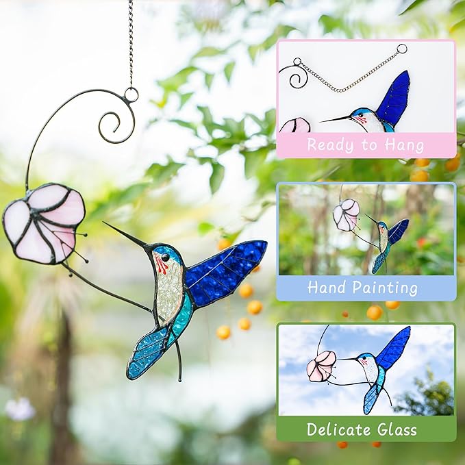 1PC Colorful Hummingbird Stained Glass Suncatcher, Handcrafted Window Hanging Ornament for Home Wall Garden Decor, Unique Gift for Bird Lovers, Nature Enthusiasts, Women Mom