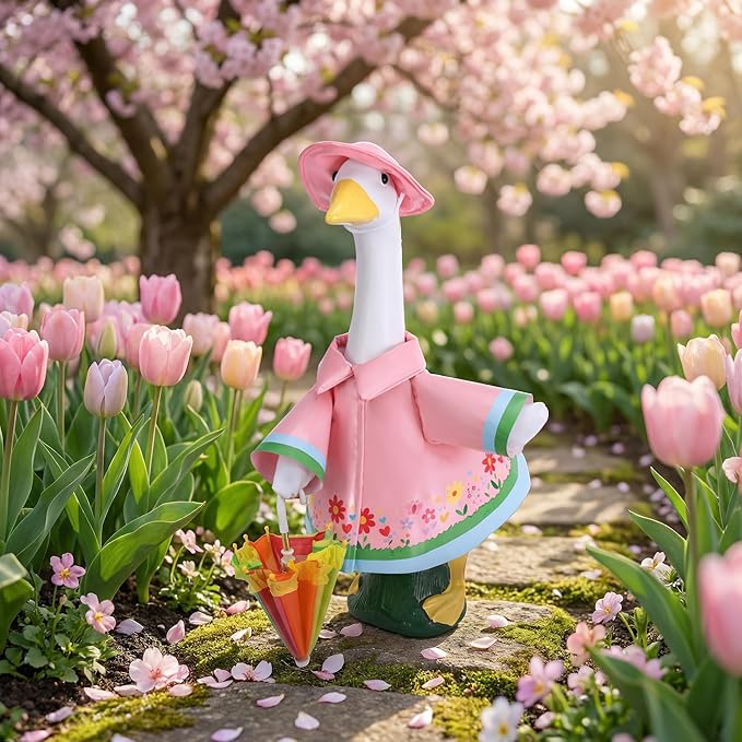 DECOHS 3 Pcs/Set Raincoat Porch Goose Outfits, Summer Lawn Goose Statue Raincoat Costume, Yard Goose Clothes Raincoats Umbrella Hat Outfit for 23" Statue Patio Garden Decoration (Pink)