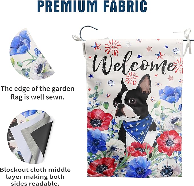 4th of July Boston Terrier Garden Flag Red White Blue Floral Dog Yard Flags Small Memorial Independence Day Banner 12x18 Double Sided for Outside Outdoor Patriotic Decor