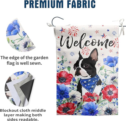 4th of July Boston Terrier Garden Flag Red White Blue Floral Dog Yard Flags Small Memorial Independence Day Banner 12x18 Double Sided for Outside Outdoor Patriotic Decor