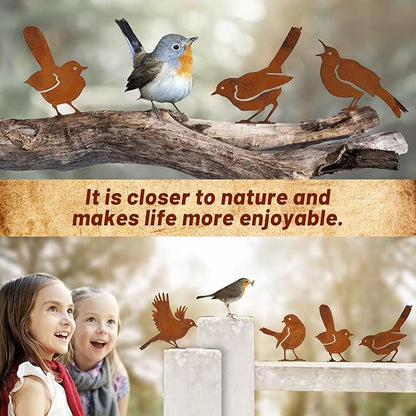 5-Pack Rustic Metal Bird Statues for Outdoor Garden - Vintage Yard Art Decor with Realistic Bird Shapes for Fence, Patio, Lawn Ornament