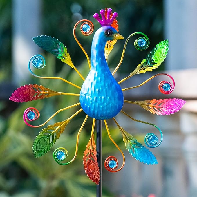 Colorful Peacock Wind Spinners Outdoor 2 Pcs, 38.2 Inch Tall Windmill for Yard Decor, Garden Wind Spinners with Vibrant Feather Design, Metal Garden Decor for Patio and Lawn