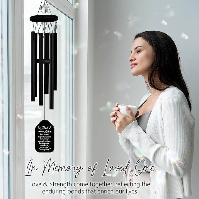 Crystal Dad Memorial Wind Chimes Black Sympathy Windchimes Garden Window Decor Remembrance Keepsake Gift Loss of Daddy in Memory Papa Step Father in Law Idea Condolence Funeral Gift HW12-RB-D