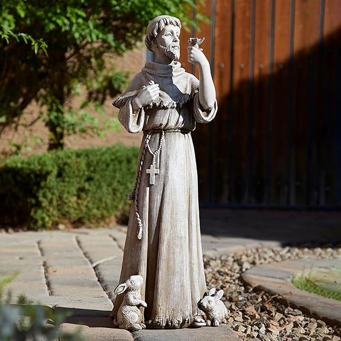 Avalon Gallery Garden Statue - Saint Francis Stone-Resin Indoor/Outdoor Catholic Sculpture, 24" Tall, Bird & Rabbit