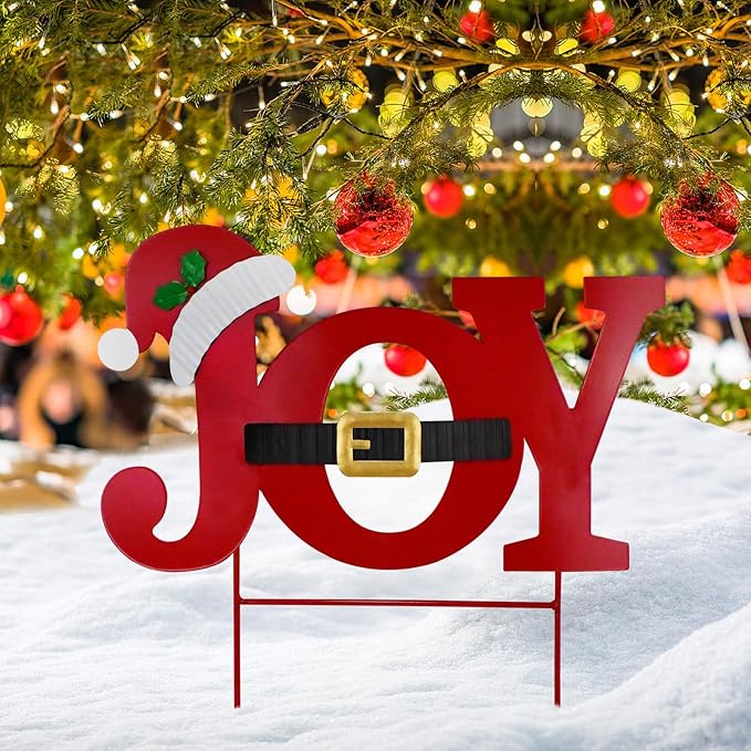 Morning View Christmas Joy Garden Stakes Decorations Metal Joy Yard Sign Outdoor Lawn Ornaments Xmas Yard Stake Holiday Winter Wall Decor for Patio Pathway Outside Red 19 Inches Tall