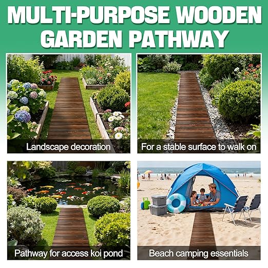 2pcs 8.2ft Wooden Garden Pathway - Weather Resistant Carbonized Pine Roll Out Decorative Walkway, Boardwalk Pathway Pavers for Outside Stepping Stones Outdoor Flooring Patio Pool Backyard (Brown)