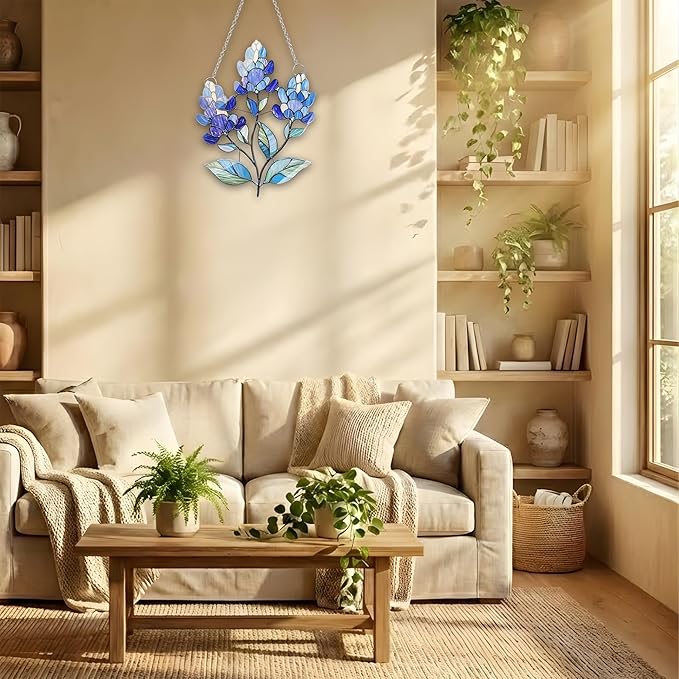 Texas Bluebonnet Acrylic Suncatcher, Boho Suncatchers for Window Hanging Ornament, Stained Glass Effect Art Garden Decor for Nature Lover, Gifts for Mother's Day, Mom, Grandma, Wife, Women, Nana
