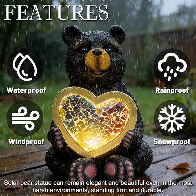 Solar Turtle Garden Statue Lights for Outdoor Decor with Cracked Glass LED Figurine Lighting Resin Succulent Tortoise Decorations Patio Lawn Yard Housewarming Mom Gifts (Black Bear)