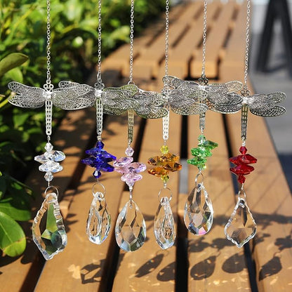 Dragonfly Crystal Prisms Bead Hanging Crystal for Windows Garden Wedding Christams Decor Rainbow Maker Mirror, Set of 6