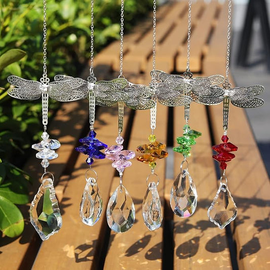 Dragonfly Crystal Prisms Bead Hanging Crystal for Windows Garden Wedding Christams Decor Rainbow Maker Mirror, Set of 6